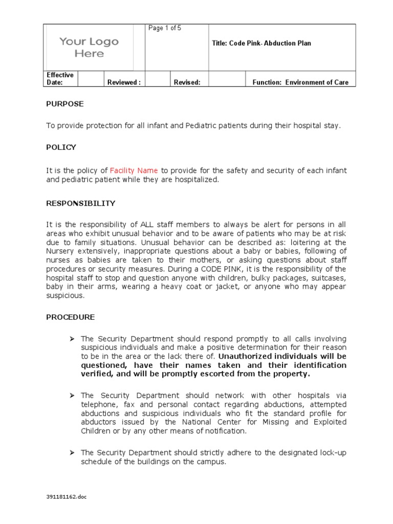 Purpose Title Code PinkAbduction Plan Download Free PDF Patient Hospital