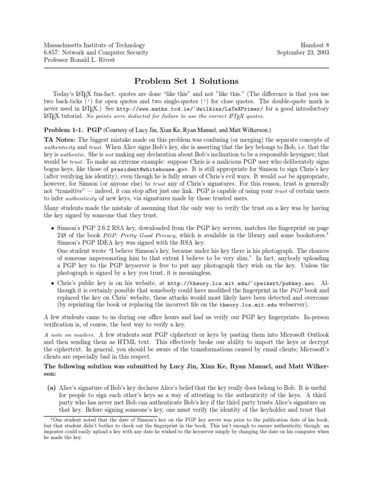 MIT 6.857 Problem Set 1 Solutions | PDF | Password | Public Key ...