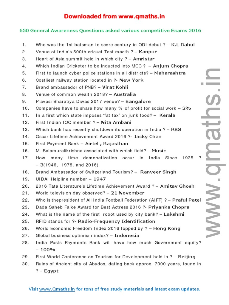 650 General Awareness Questions PDF Business