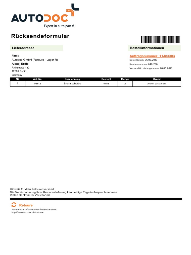 Rücksendeformular (453) Brems | PDF
