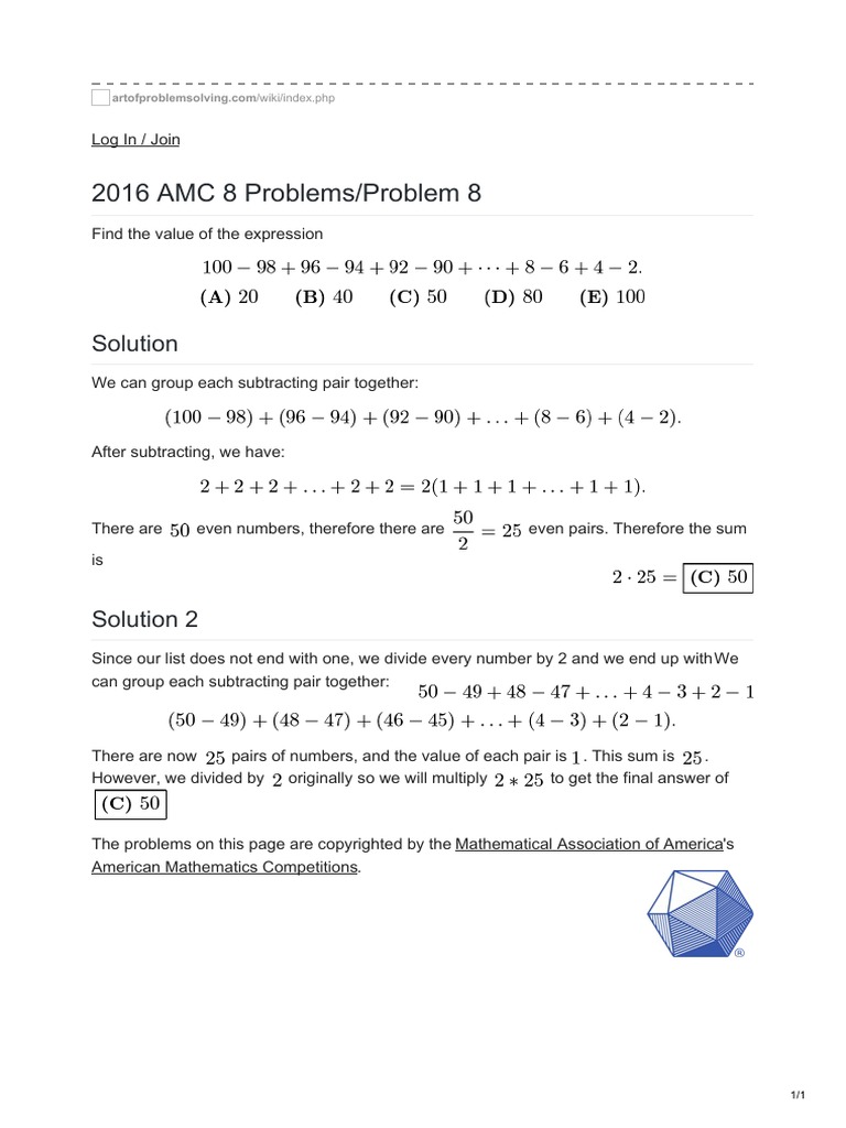 2016 AMC 8 Problems/Problem 8 Solution PDF Applied Mathematics