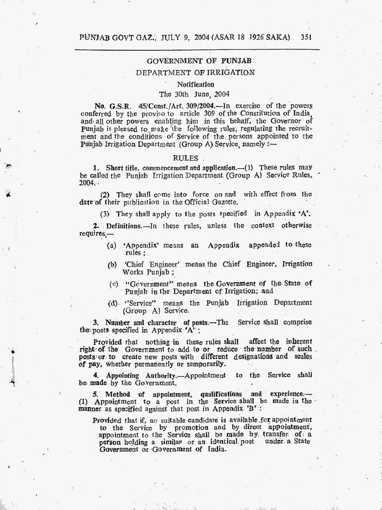 Punjab Irrigation Department (Group A) Service Rules, 2004 PDF