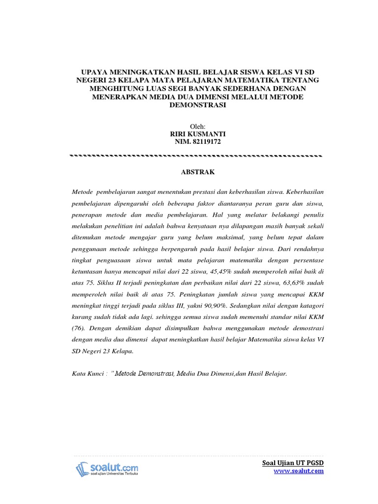 Contoh Karil Ut Pgsd Karya Ilmiah Matematika Menghitung Luas Segi Banyak Sederhana