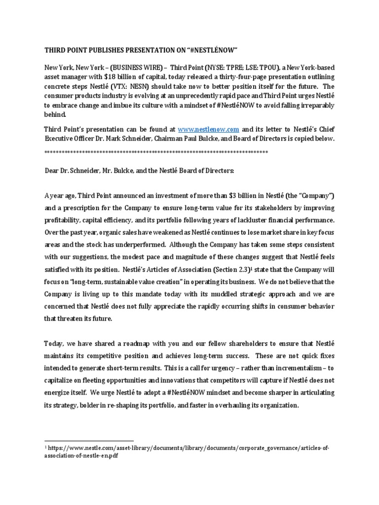 Third Point LLC s Letter To Nestle Nestl Mergers And Acquisitions