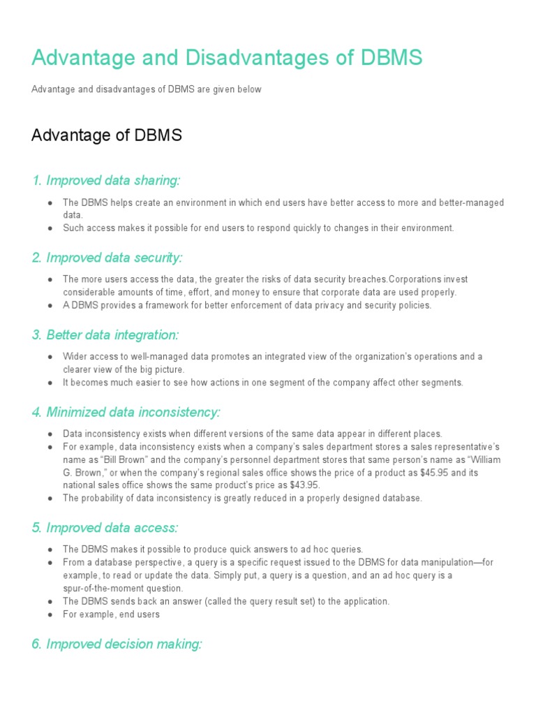 DBMS Advantages and Disadvantages | PDF | Data Quality | Databases