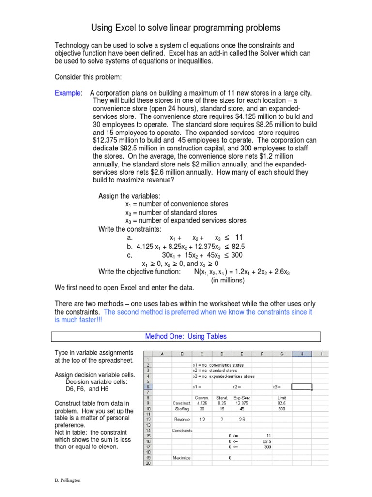 Using Excel To Solve Linear Programming Problems: Example | PDF ...