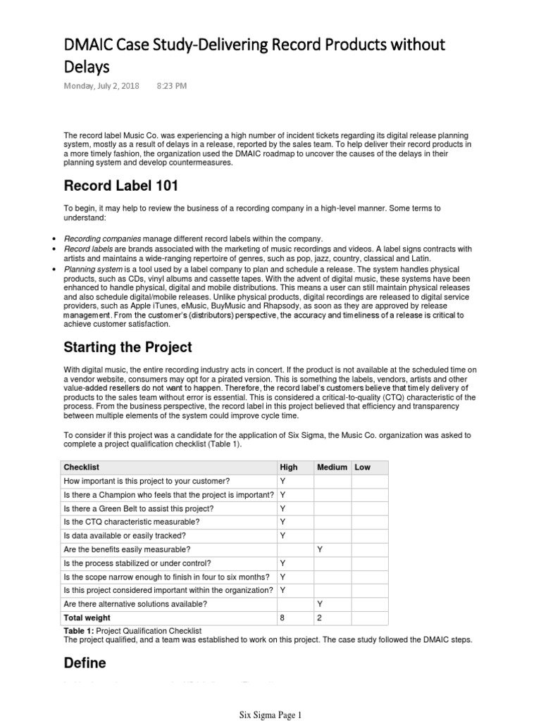 Dmaic Case Study Delivering Record Products Without Delays Pdf