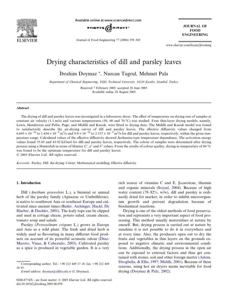 Drying Characteristics of Dill and Parsley Leaves Ibrahim Doymaz
