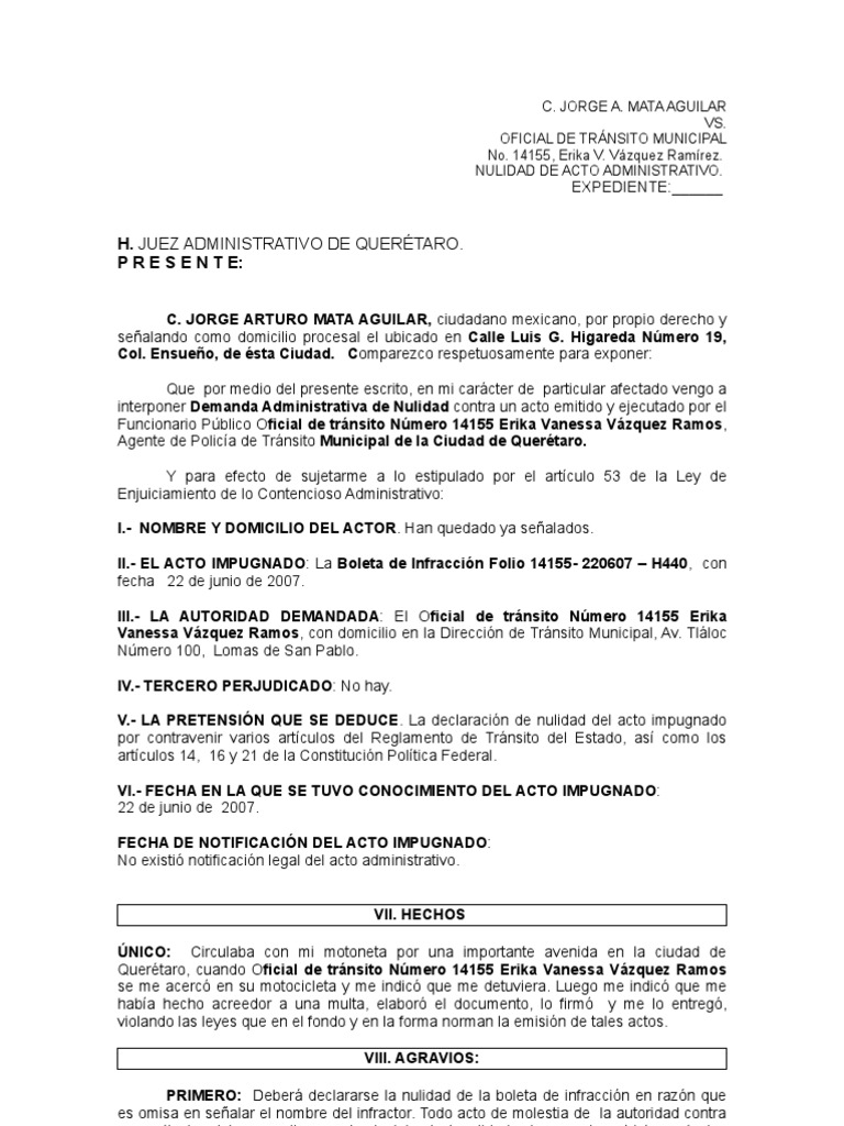Demanda de Nulidad Vs. multa de tránsito
