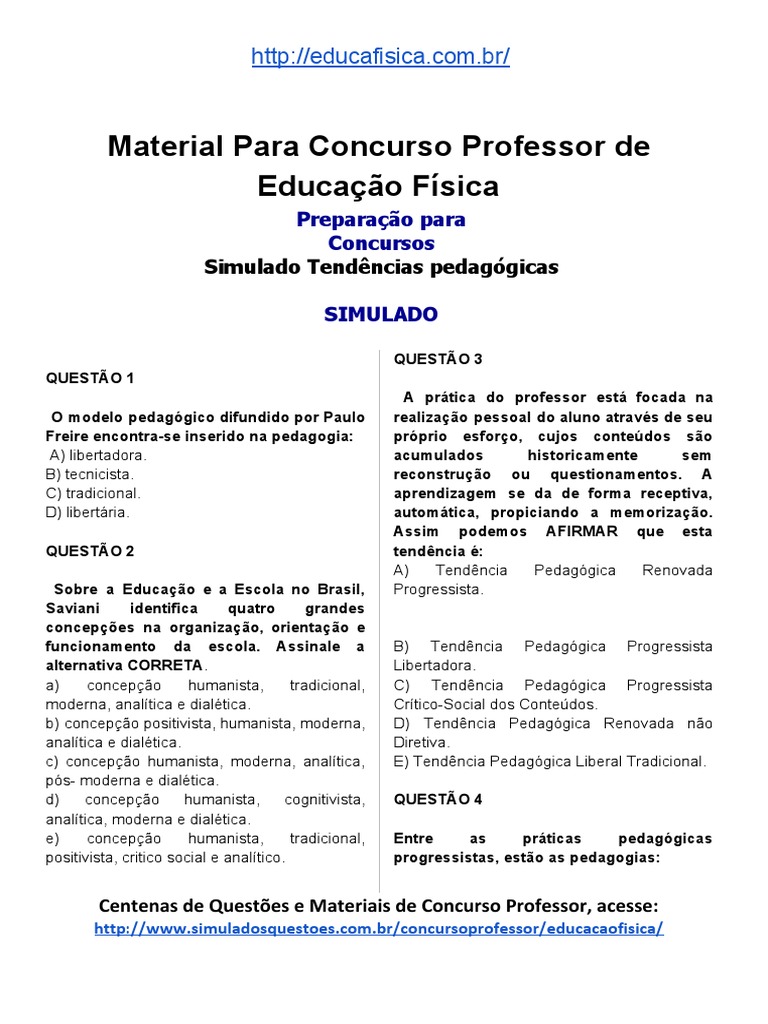Simulado Concurso Professor de Educacao Fisica Material Gratis Concurso ...