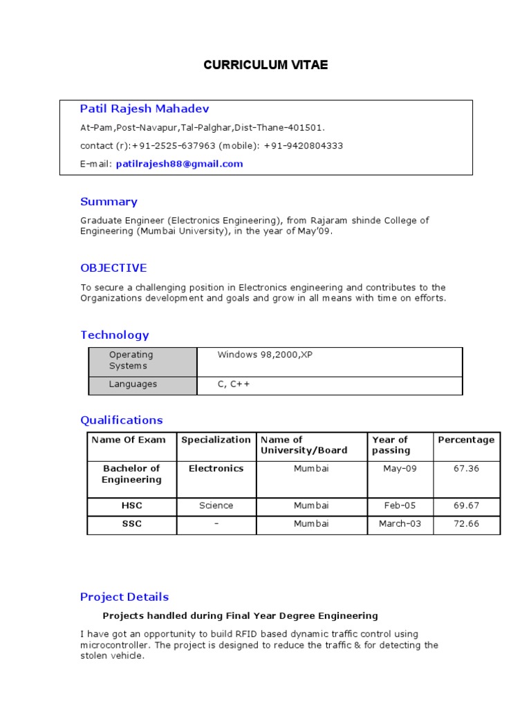 Electronics Engineer CV - Rajesh Patil | PDF | Computing