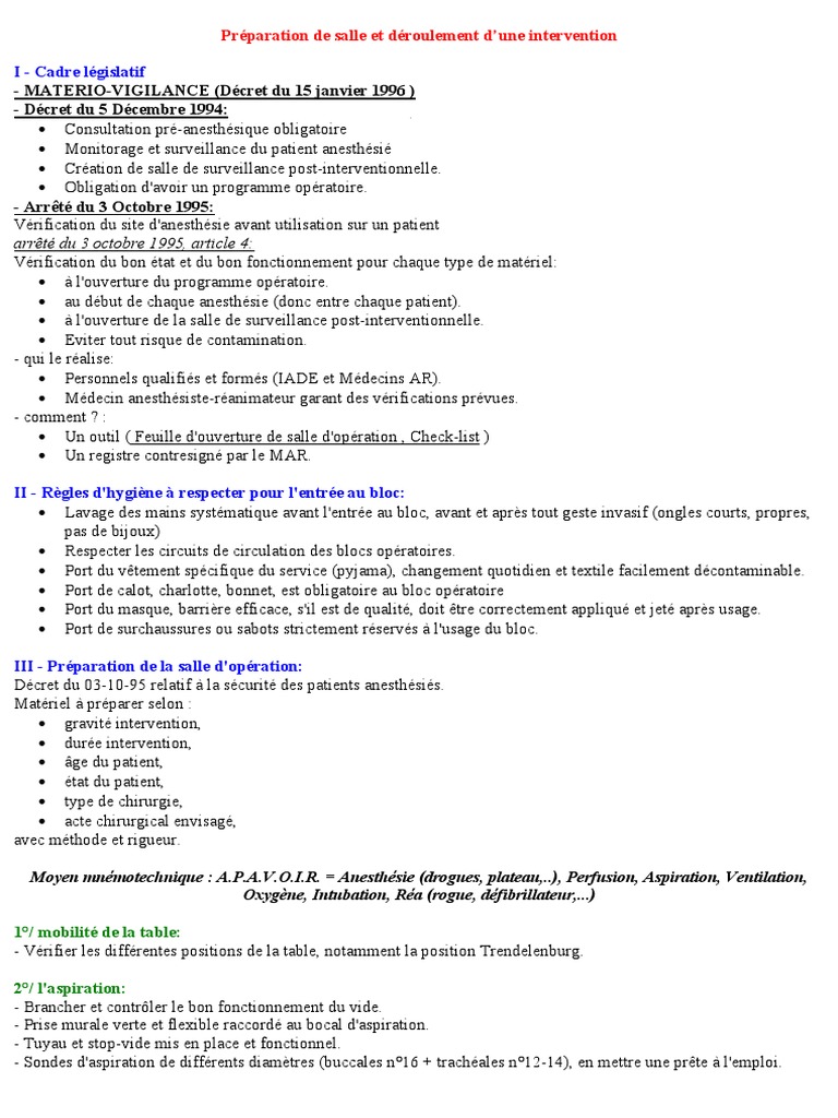 Fiches Techniques En Salle De Surveillance Post interventionnelle Pdf Feuille Preparation Salle Operation 2 | PDF | Anesthésie | Sciences de la  santé