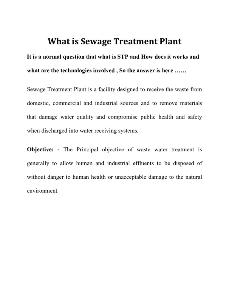 Understanding Sewage Treatment Plants Processes, Objectives, and Technologies Involved PDF