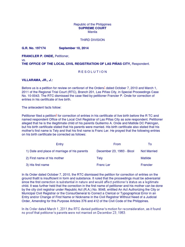 Onde vs. Office of The Local Civil Registration of Las Piñas PDF