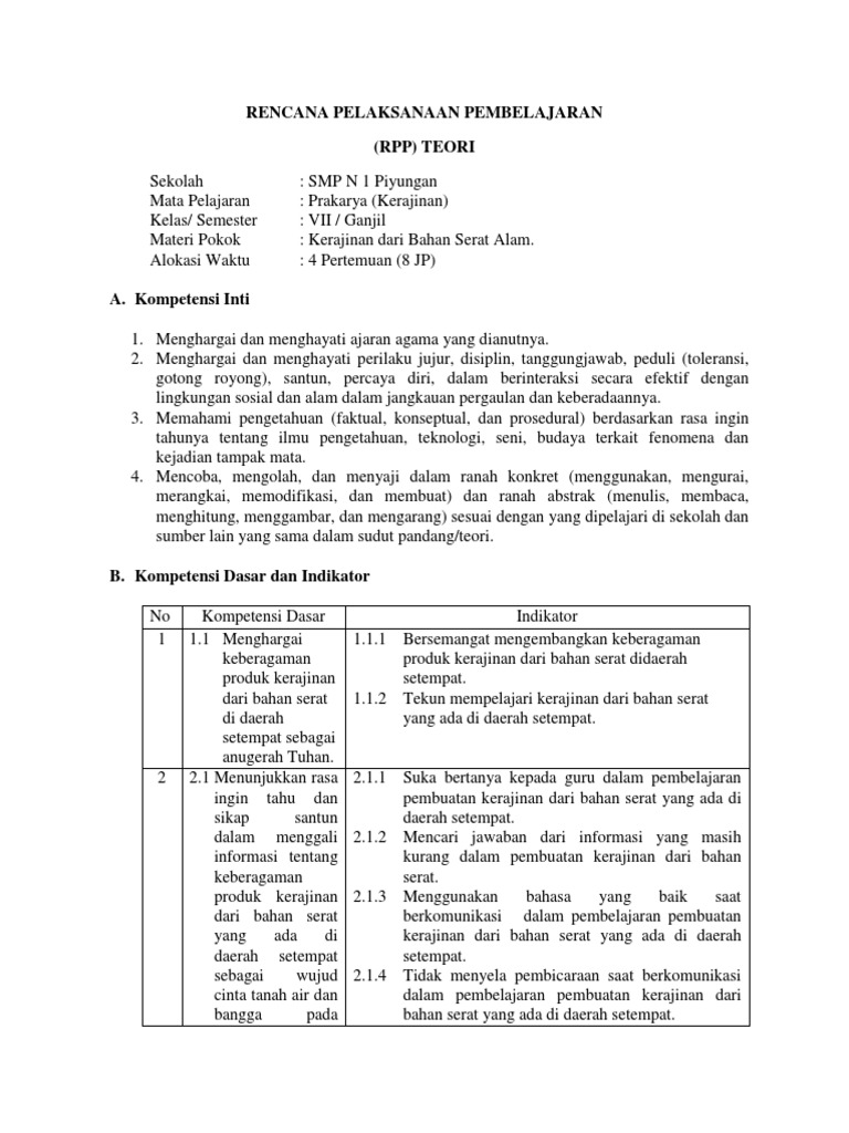 Rpp Prakarya Kelas 7 Kerajinan Serat Unduh File Guru