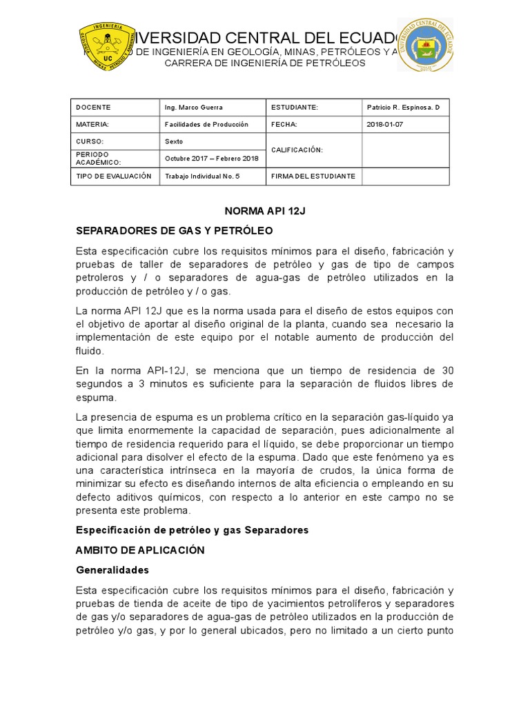 Especificaciones API 12J para Separadores | PDF | Petróleo | Agua