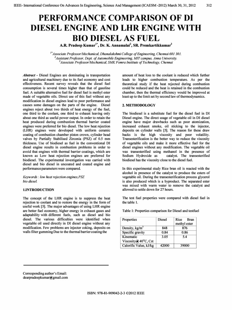 Performance Comparison of Di Diesel Engine and LHR Engine With Bio ...