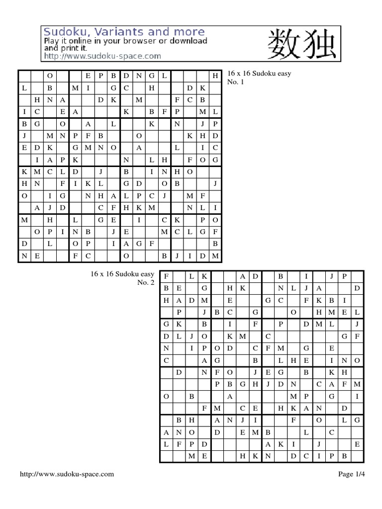 16x16 Sudoku | PDF for Free Printable 16x16 Sudoku Puzzles