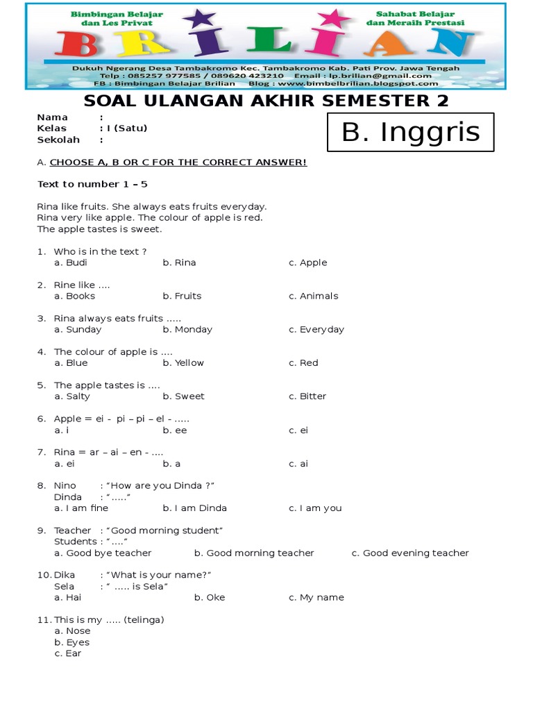 Soal Uas Bahasa Inggris Kelas 1 Sd Semester 2 Dan Kunci Jawaban Pdf