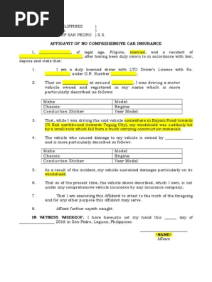 Affidavit of No Comprehensive Car Insurance - Template
