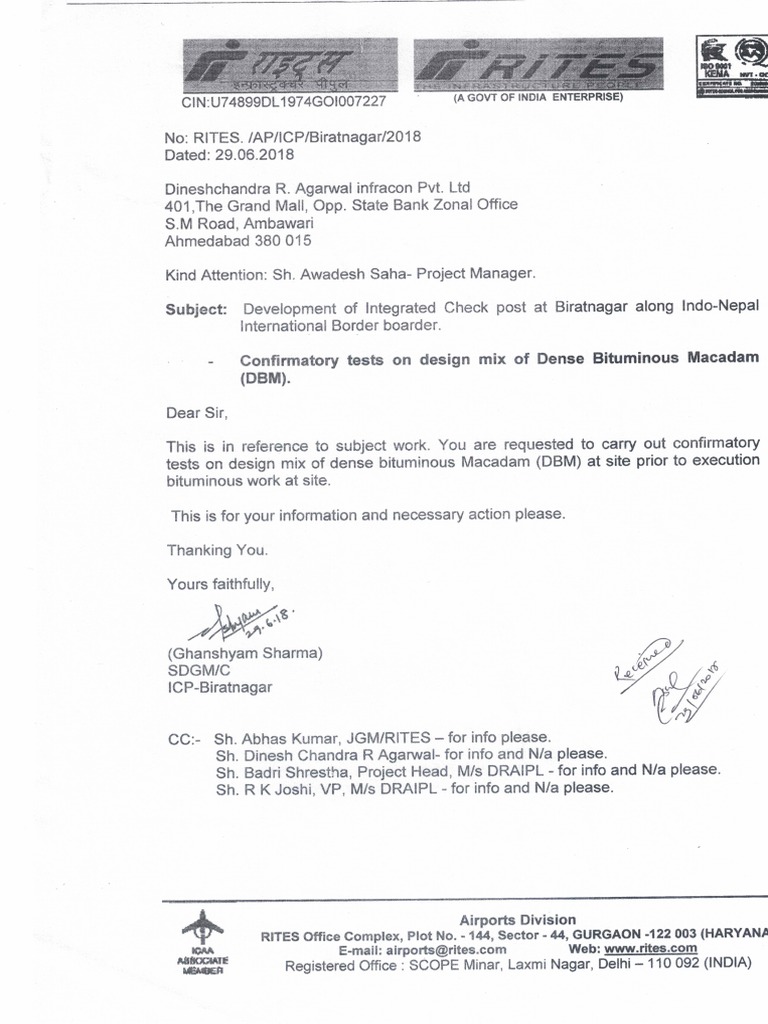 Letter for Confirmatory Test for DBM Work