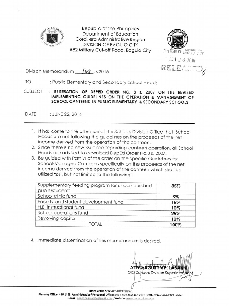 Division Memo No. 168 S. 2016 ; Reiteration of DepEd Order No. 8 S. 2007 on the Revised