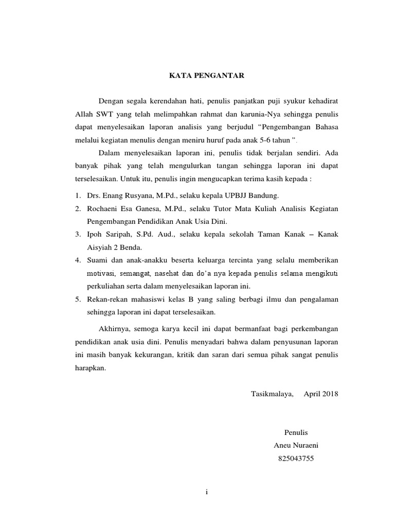 KATA PENGANTAR + DAFTAR ISI TK