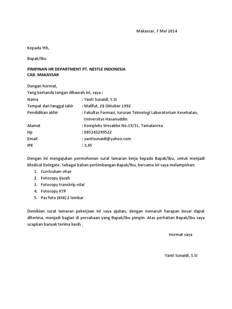 Contoh Surat Lamaran Kerja Di Pt Nestle Edukasi Lif Co Id