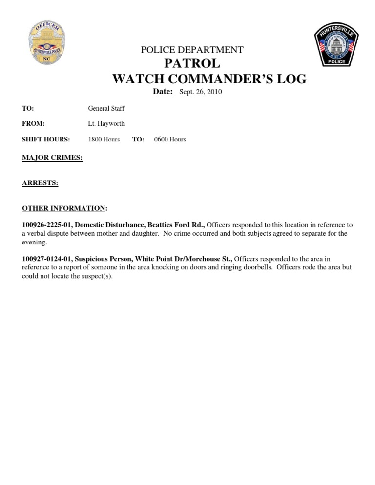 HPD Patrol Watch Log 9-26-10 Night | PDF