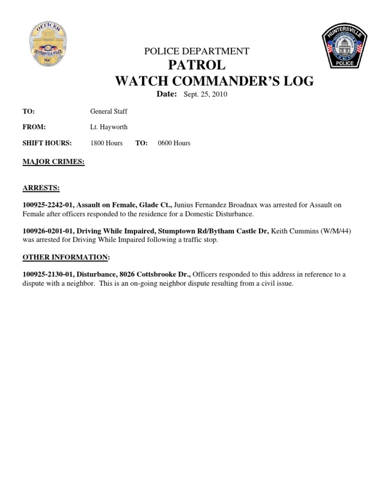 Police Patrol Watch Commander Log | PDF
