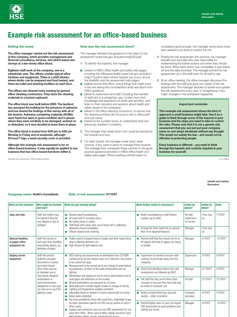Example Risk Assessment For An Office-Based Business PDF | PDF ...