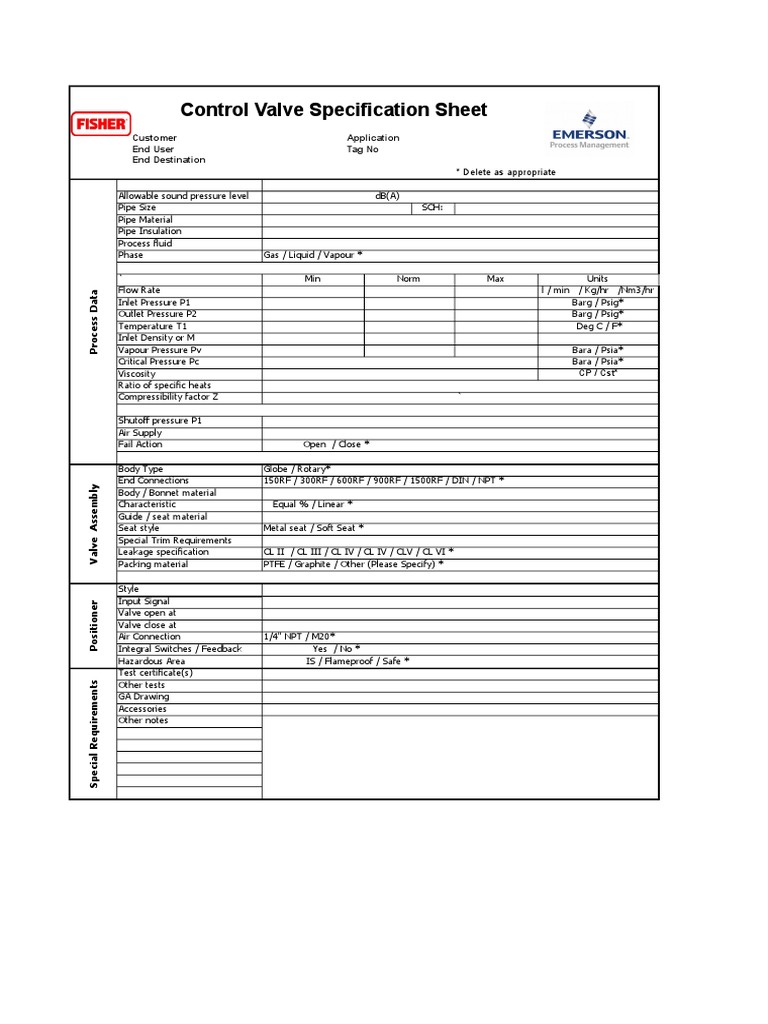 Control Valve Data Sheet Template Free Download