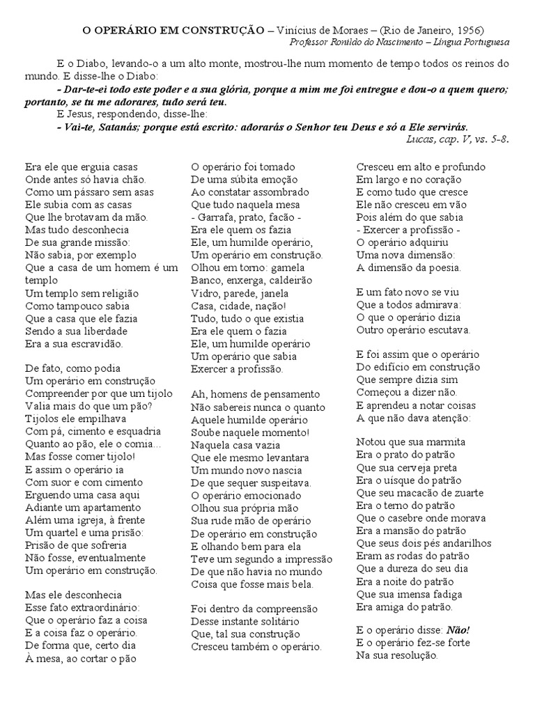 Poema: O Operário em Construção - Vinícius de Moraes | Diabo | Poesia