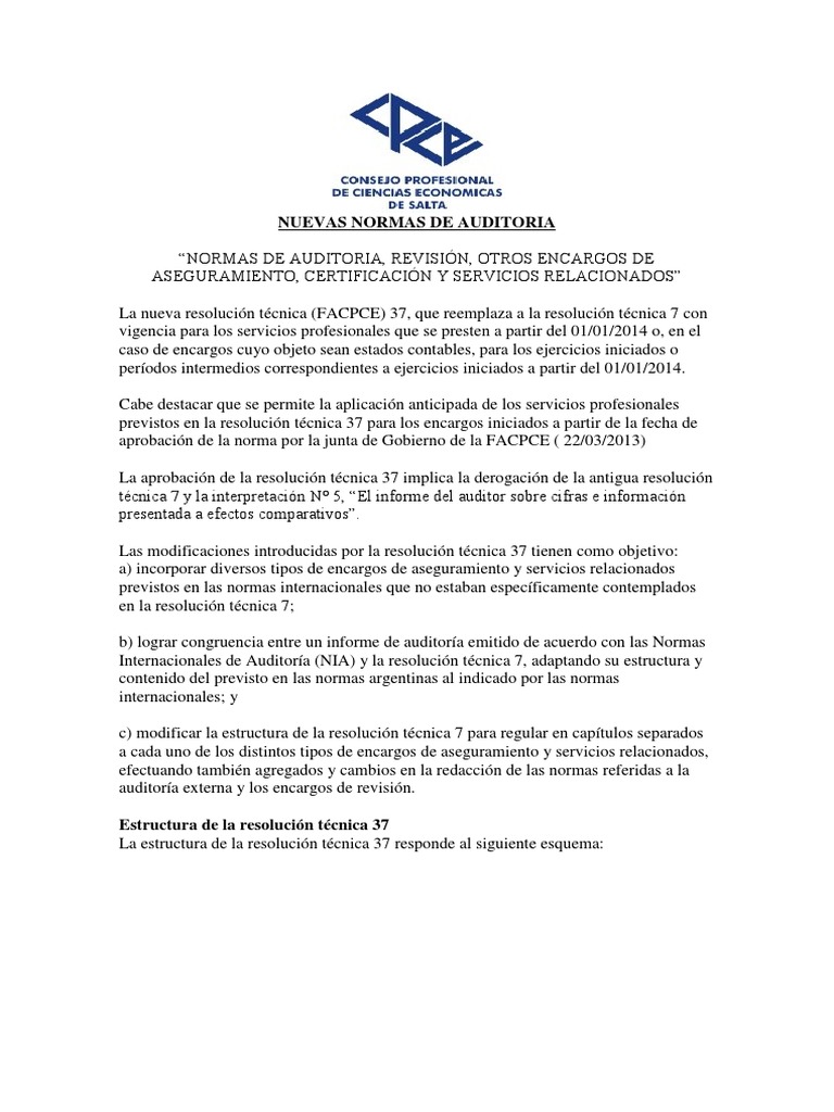 Nuevas Normas de Auditoría RT 37 | PDF | Contralor | Contador