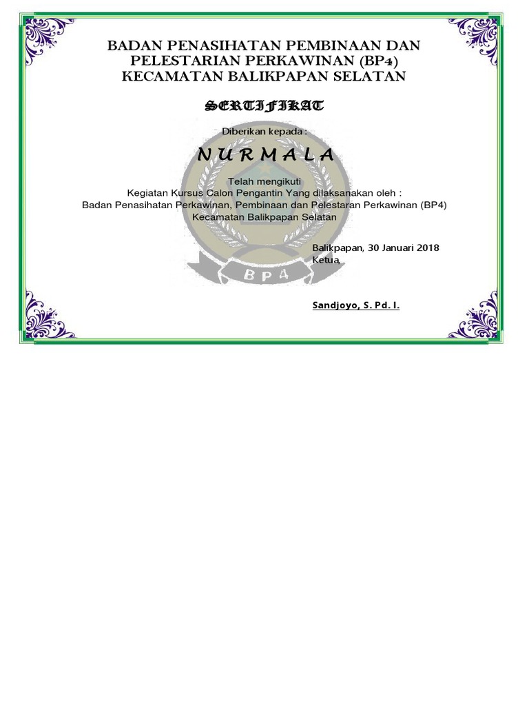 Sertifikat Kursus Calon Pengantin BP4 | PDF