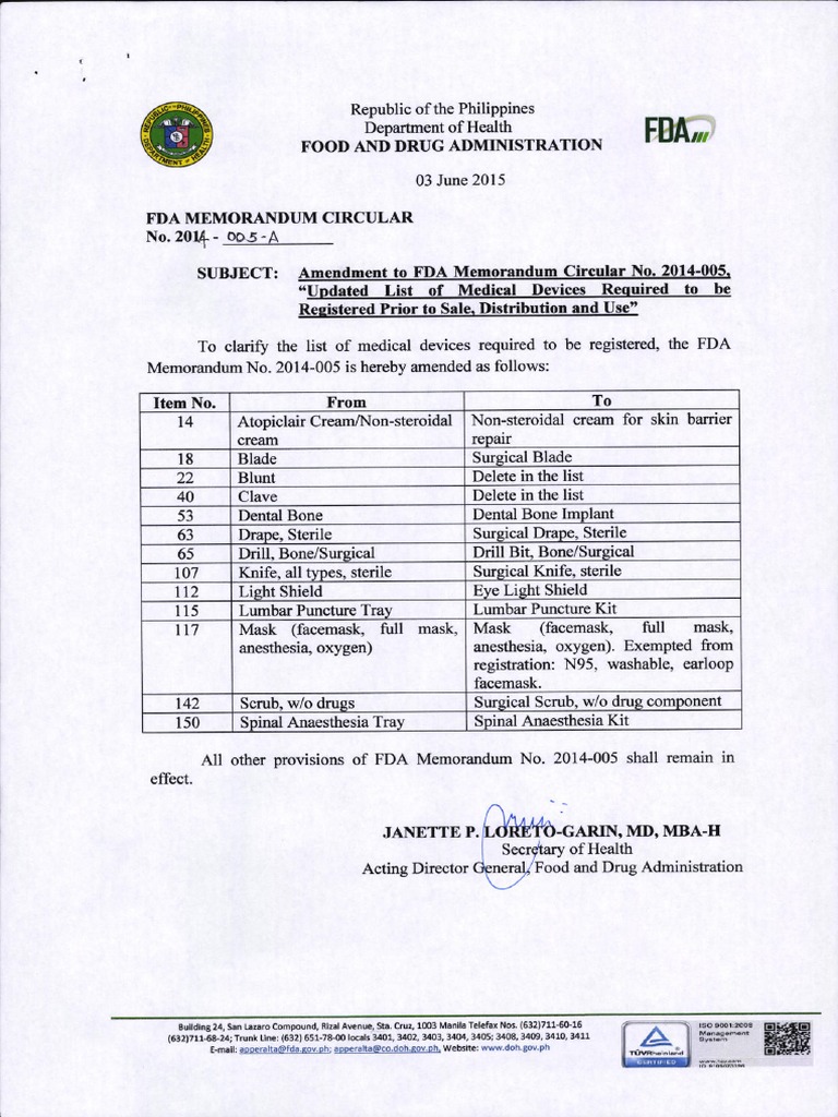 FDA Memorandum Circular No. 2014005 A