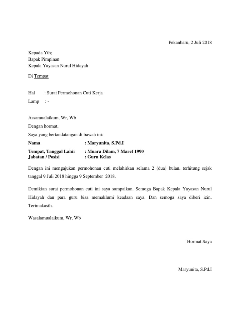 Contoh Surat Izin Cuti Hamil Simak Gambar Berikut