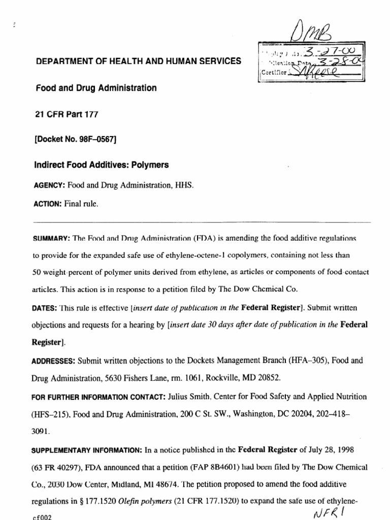 US 21 CFR FDA Regulation Part 177.1520 Food And Drug Administration