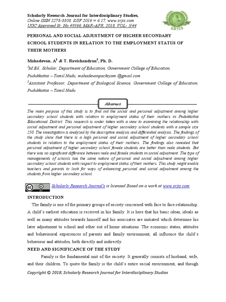Personal and Social Adjustment of Higher Secondary School Students in ...