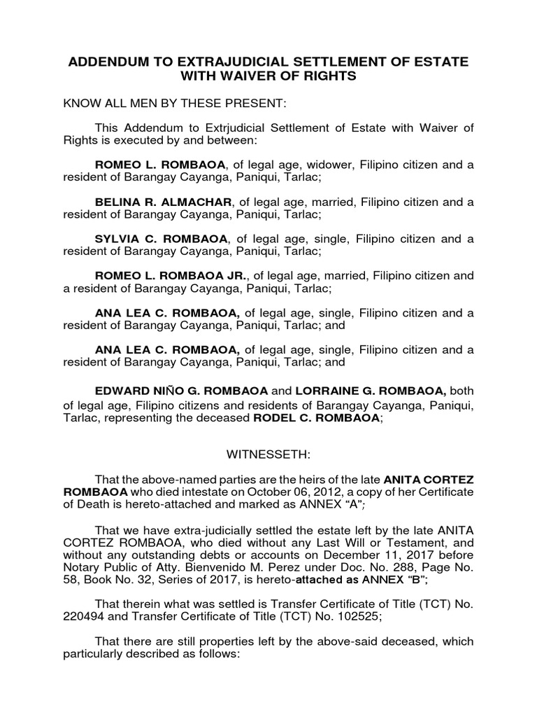 Addendum To Extrajudicial Settlement of Estate With Waiver of Rights