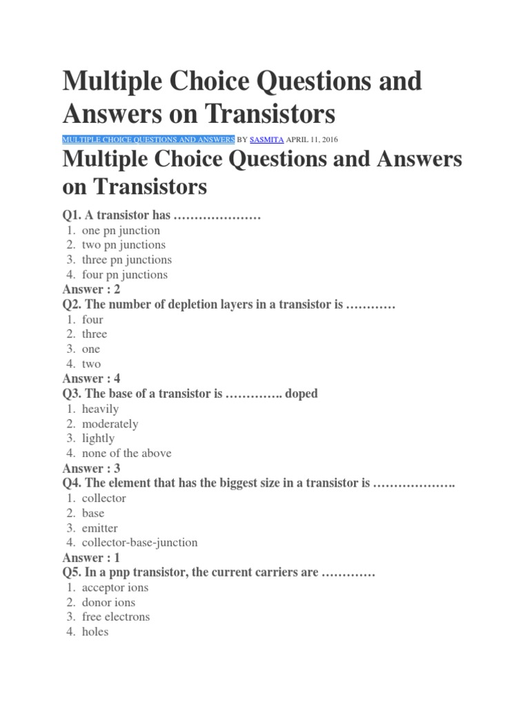 Multiple Choice Questions and Answers On Transistors PDF Transistor