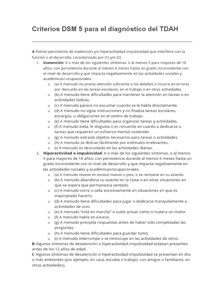 Criterios dsm 5 para el diagnostico del tdah trastorno por d ficit de