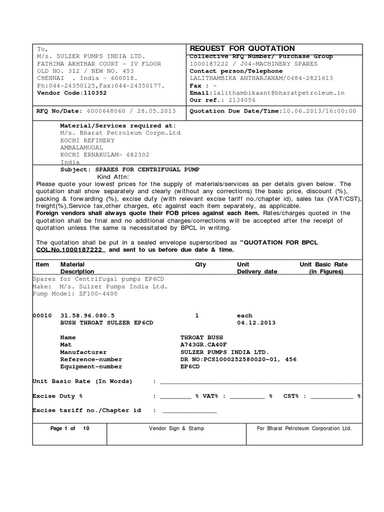 Request for Quotation: Centrifugal Pump Spares | PDF