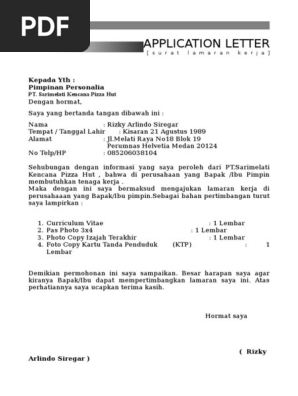 Contoh Surat Lamaran Kerja Di Pizza Hut