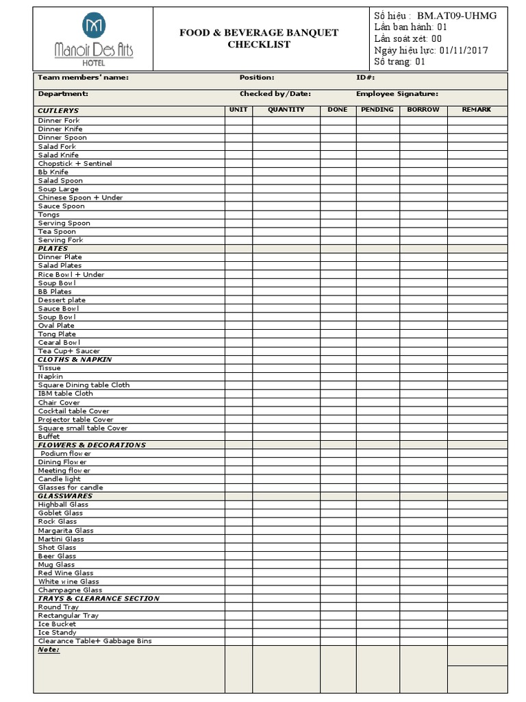 Food & Beverage Banquet Checklist | PDF