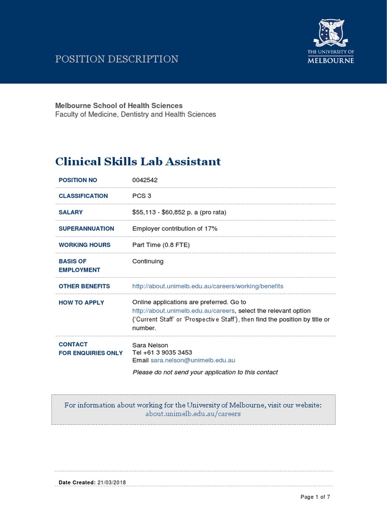 Clinical Skills Lab Assistant Position Description PDF Health Care