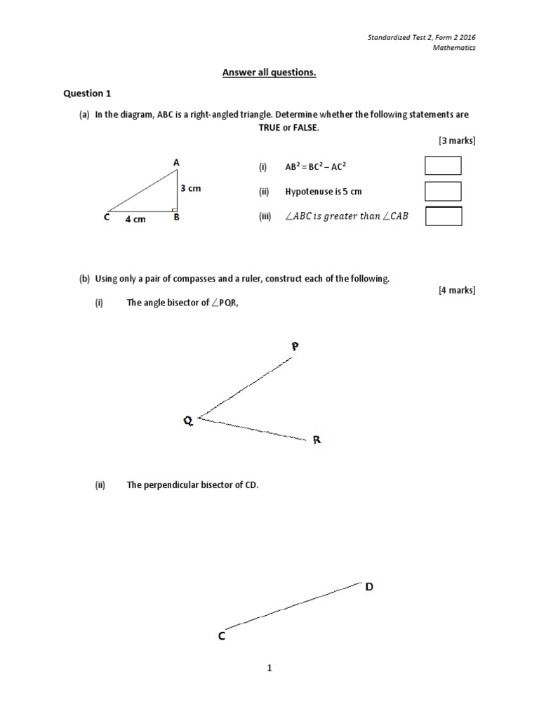 Form 2 Mathematics Test 2016 | PDF | Triangle | Cartesian Coordinate System