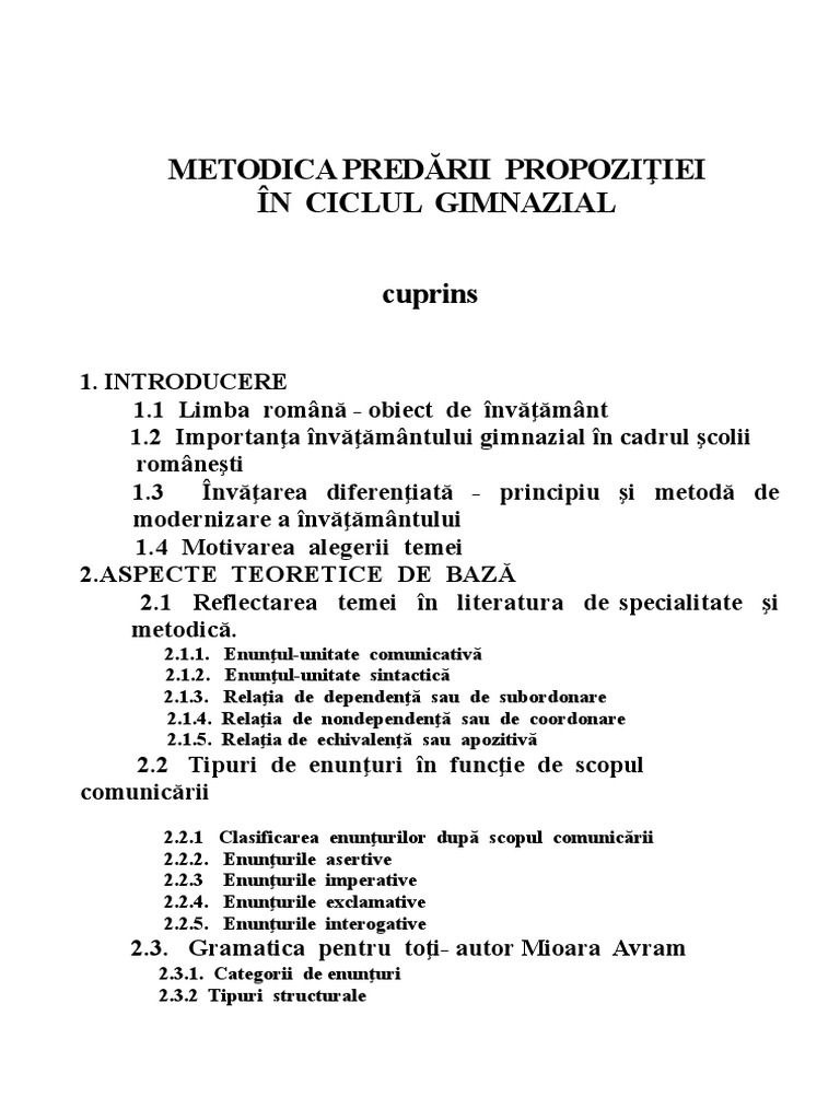 Alege Prepozitia Potrivita Pentru Enunturile Date METODICA PREDĂRII PROPOZIŢIEI IN CICLUL GIMNAZIAL Part 1 | PDF