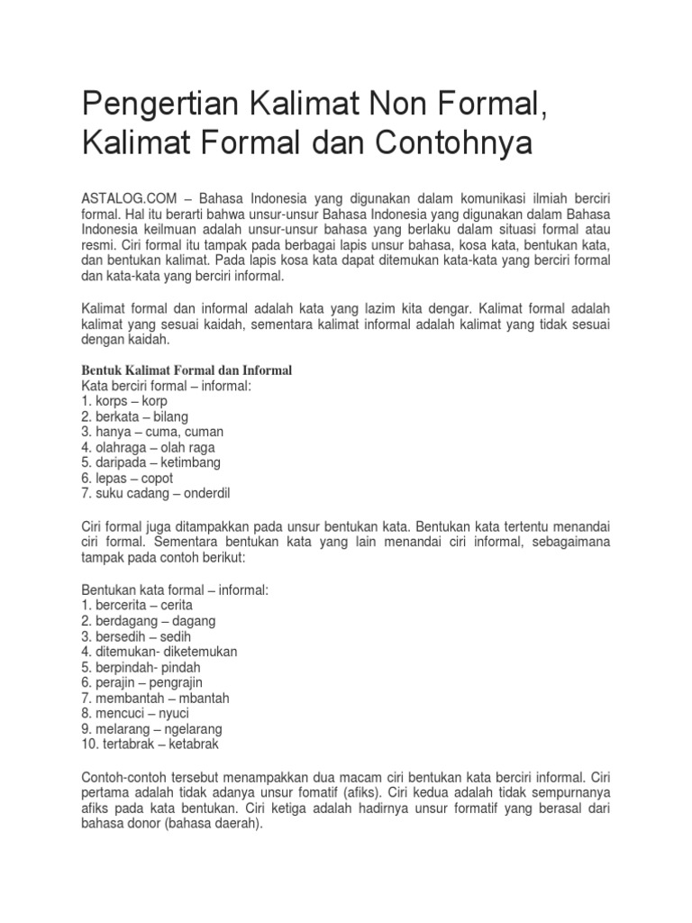 Pengertian Kalimat Non Formal