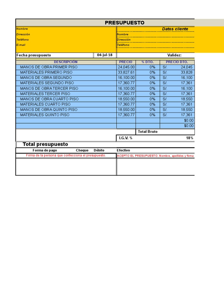 Hoja de Presupuesto Ingeniería de construcción Ingeniería